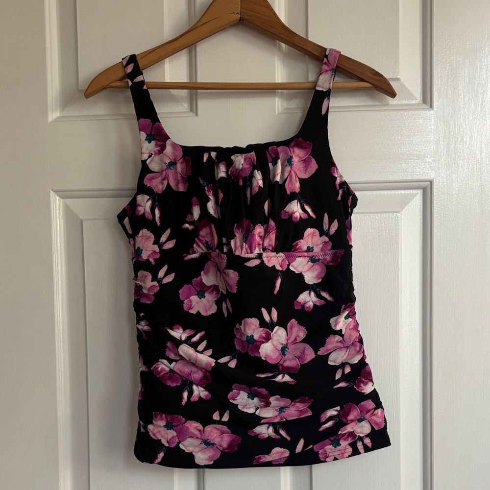 Lands’ End Floral Black and Pink Women's Tankini Bathingsuit Swim Top Size 8 - Picture 2 of 7